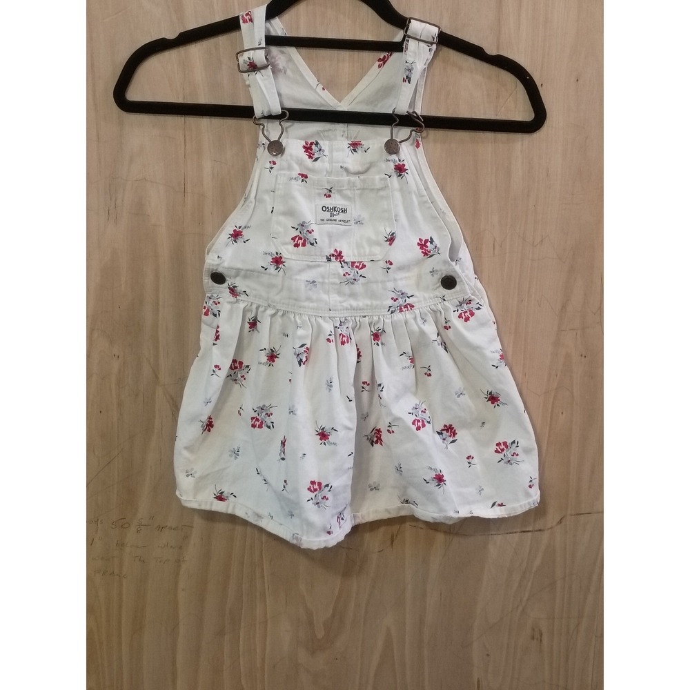OshKosh Bgosh Girls‎ 4T Floral Overall Dress White Cotton Denim Jumper .